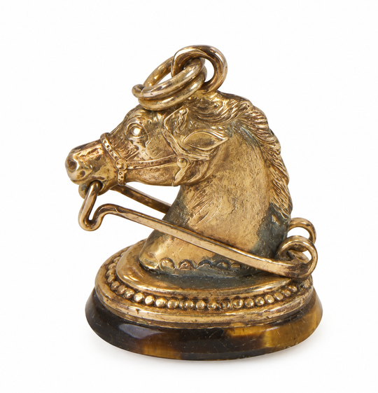 Antique Victorian Gold-Filled Horse Head Fob & Tiger’s Eye Seal | Equestrian Charm Pendant