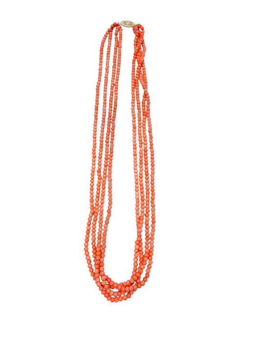 Vintage Natural Coral Four-Strand Necklace with 14K Gold Clasp