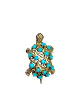 Vintage 18K Yellow Gold Turquoise & Ruby Turtle Brooch