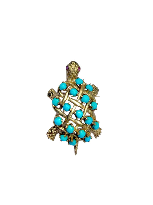 Vintage 18K Yellow Gold Turquoise & Ruby Turtle Brooch