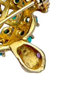 Vintage 18K Yellow Gold Turquoise & Ruby Turtle Brooch