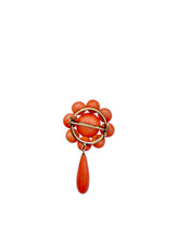Antique c. 1860 14K Gold Coral Bead Brooch with Drop