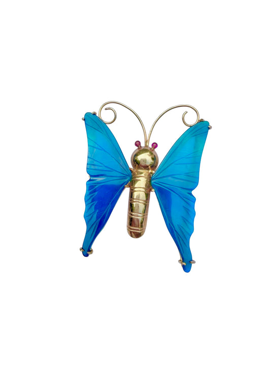 Vintage 14K Yellow Gold Butterfly Brooch with Chalcedony Wings