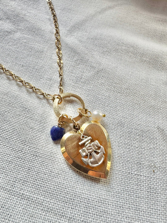 US NAVY Heart Locket Antique Watch Chain Charm Necklace - Seacraft Collab