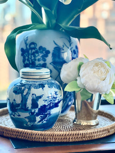 Chinoiserie Blue and White Porcelain Mini Jar, Kids Playing Under Tree Motif