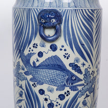 Blue & White Porcelain Ancestor Umbrella Stand, Fish Motif