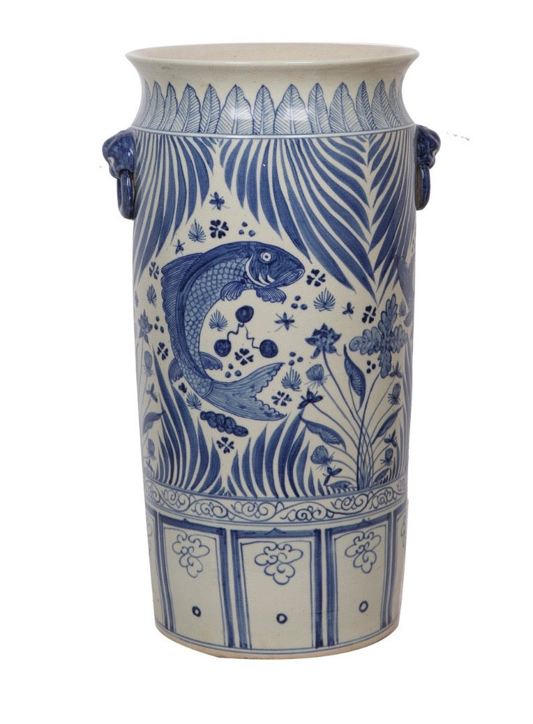 Blue & White Porcelain Ancestor Umbrella Stand, Fish Motif
