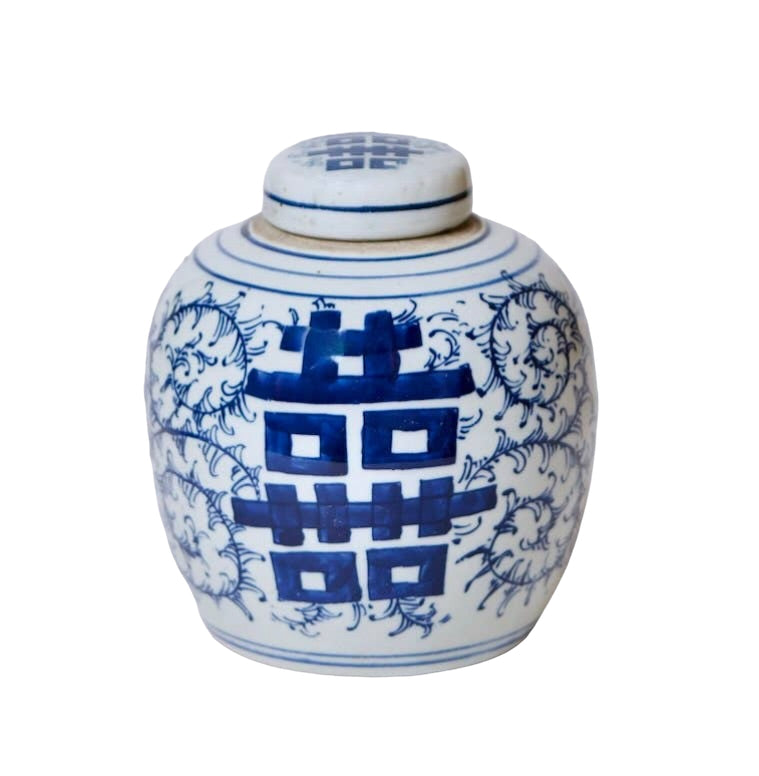 Double Happiness Blue and White Porcelain Round Storage Jar