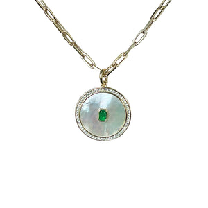 14k Gold Plated Pendant Mother Of Pearl, CZ & Emerald