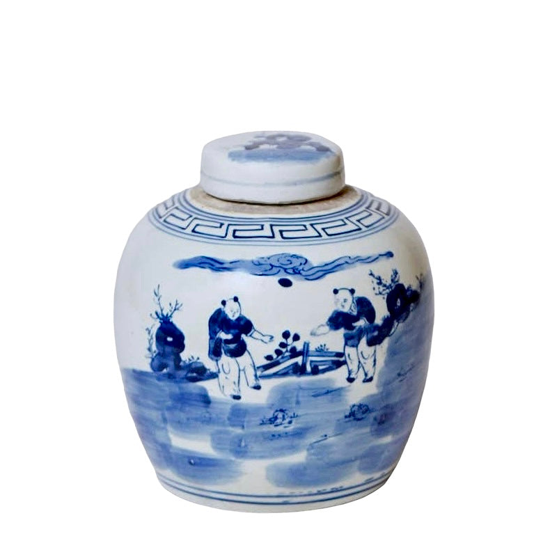 Playful Children Blue and White Porcelain Round Storage Jar