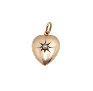 15k Gold Victorian Heart Charm, Seed Pearl Starburst Design