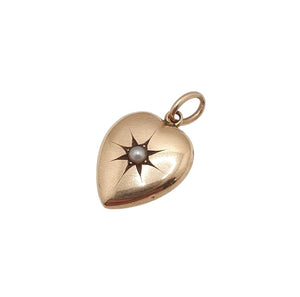 15k Gold Victorian Heart Charm, Seed Pearl Starburst Design