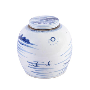 Blue & White Chinoiserie Porcelain Ancestor Jar, Landscape Motif