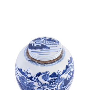 Blue & White Chinoiserie Porcelain Ancestor Jar, Landscape Motif