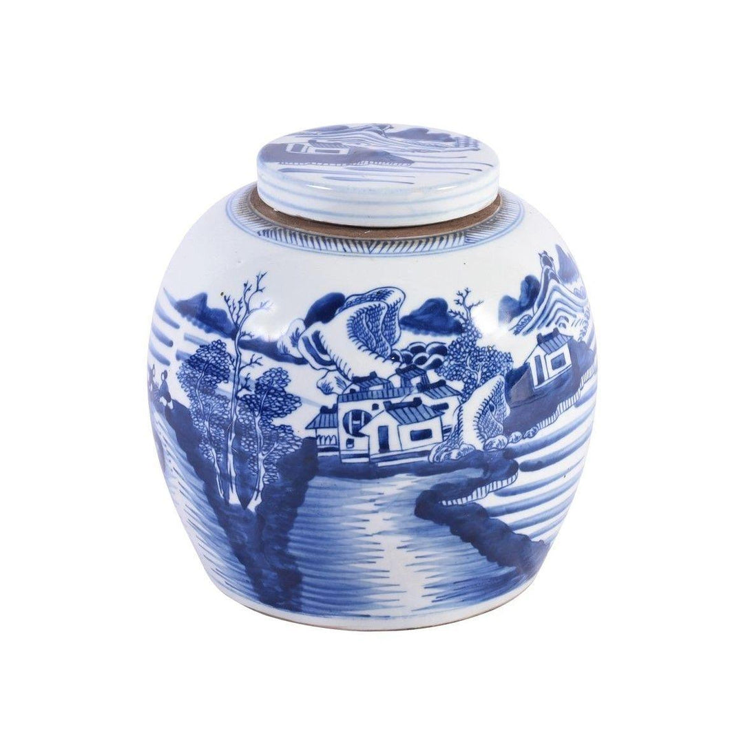 Blue & White Chinoiserie Porcelain Ancestor Jar, Landscape Motif