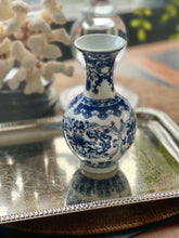 Chinoiserie Blue and White Porcelain Curling Vine Bud Vase, Hour Glass