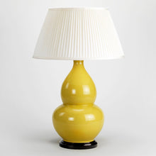 Porcelain Gourd Vase Crackled Yellow Glaze and Brass Ribbed Base