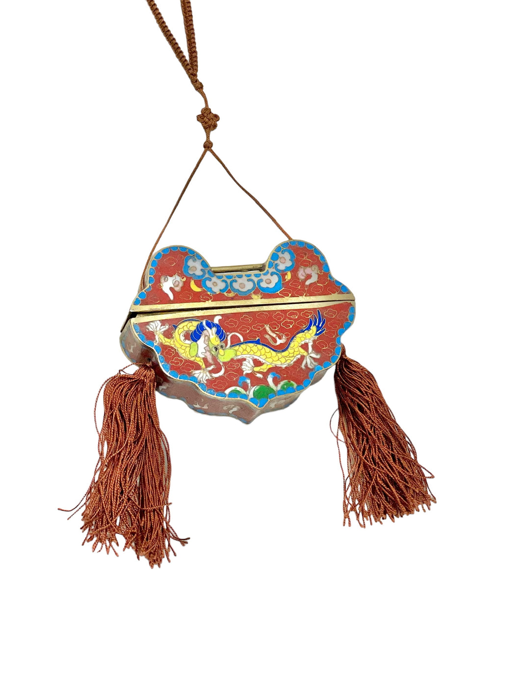 Vintage Chinese Cloisonnè Opium Box Pendant Necklace Dragon Design, Red