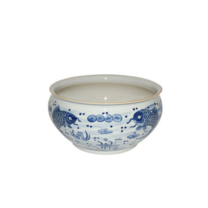 Chinoiserie Blue and White Porcelain Orchid Bowl, Fish Motif