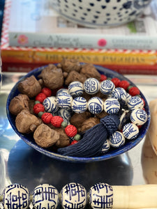 Chinoiserie Blue and White Double Happiness Porcelain Beads with Navy Tassels