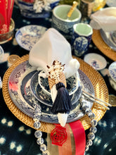 Chinoiserie Blue and White Double Happiness Porcelain Beads with Navy Tassels