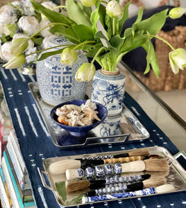 Calligraphy Brush, Blue and White Porcelain Chinoiserie Basketweave Design