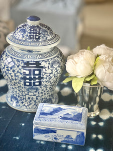 Small Blue and White Porcelain Double Happiness Temple Jar