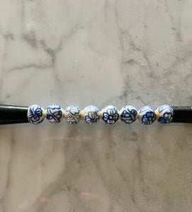 Vintage Calligraphy Brush, Blue and White Porcelain Chinoiserie Floral Design Beads