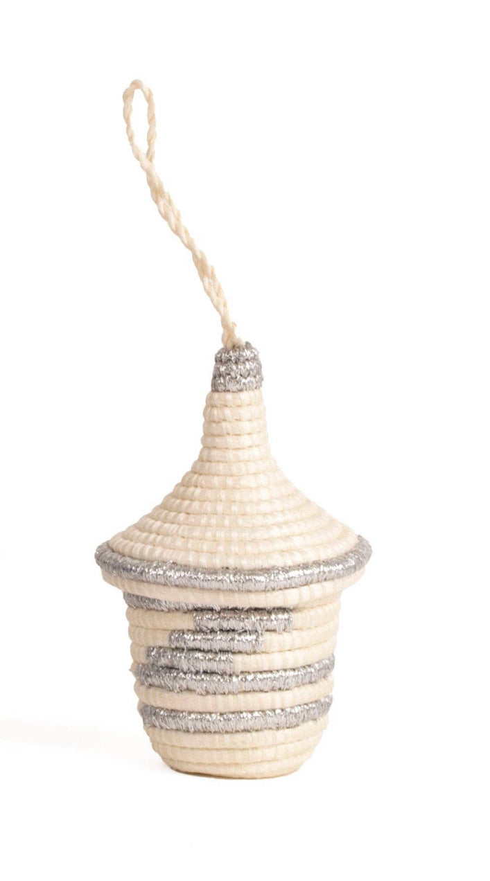 Woven Mini Lidded Basket Ornaments, Ivory + Silver