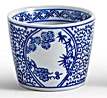 Blue and White Chinoiserie Canton Petite Cachepot, Cartouche with Foliage Motif