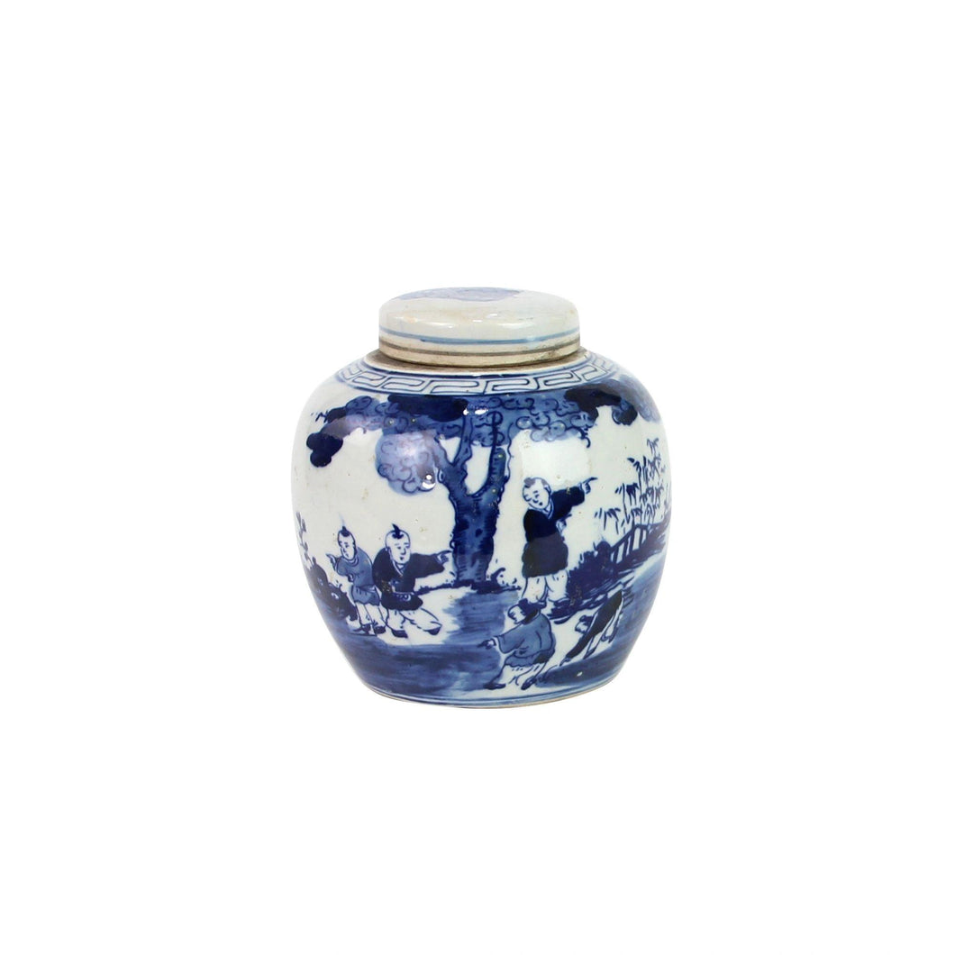 Chinoiserie Blue and White Porcelain Mini Jar, Kids Playing Under Tree Motif