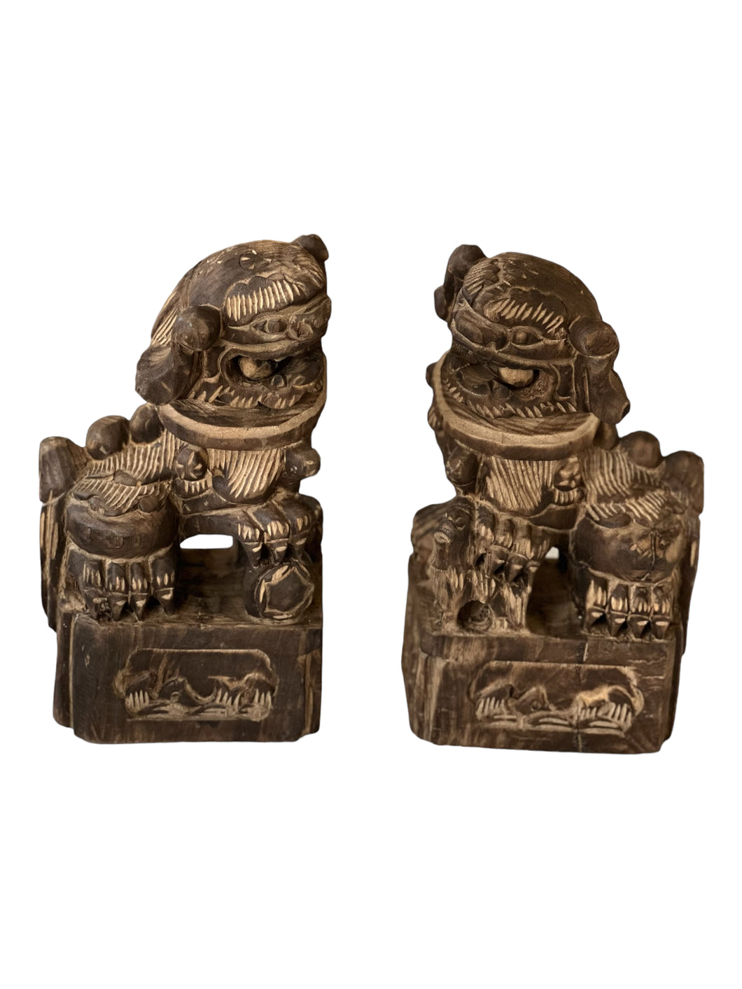 Pair of Chinese Wood Carved Temple Lions Foo Dogs