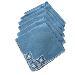 Vintage Handmade Blue and White Linen Napkins, Set of 6