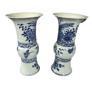 Pair of Vintage Blue and White Chinoiserie Beaker Vases