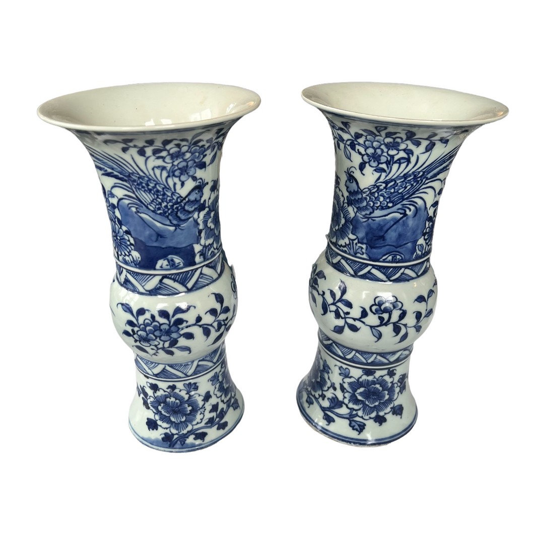 Pair of Vintage Blue and White Chinoiserie Beaker Vases