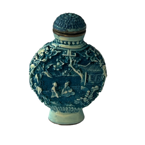 Chinese Blue Carved Resin Snuff Bottle Agricultural Motif