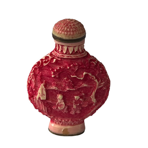 Chinese Red Carved Resin Snuff Bottle Agricultural Motif