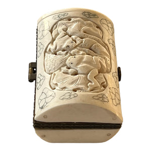 Vintage Rare Chinese Carved Bone and Ink Trinket Box, Frog Motif