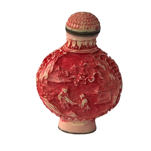 Chinese Red Carved Resin Snuff Bottle Agricultural Motif