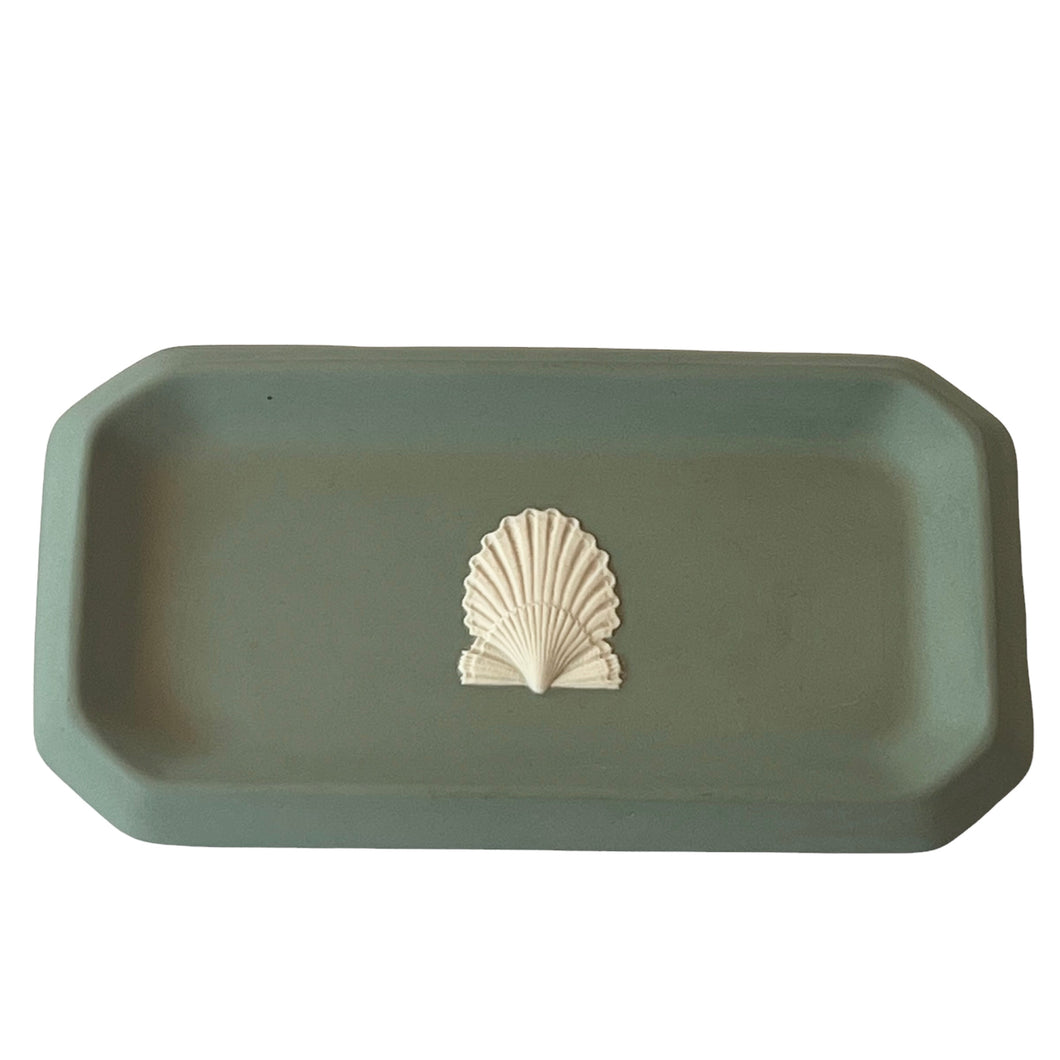 Vintage Teal Green Jasperware Wedgwood Tray, Shell Motif