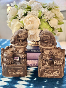 Pair of Chinese Wood Carved Temple Lions Foo Dogs