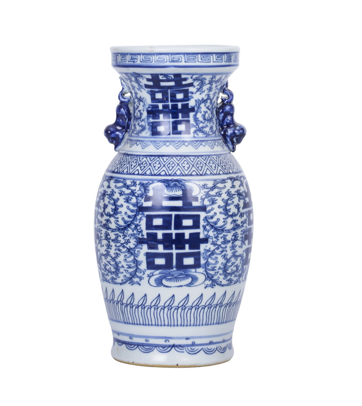 Blue and White Chinoiserie Double Happiness Flower Vase, XS