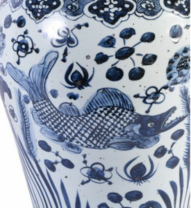 Chinoiserie Blue and White Porcelain Temple Jar, Fish Motif