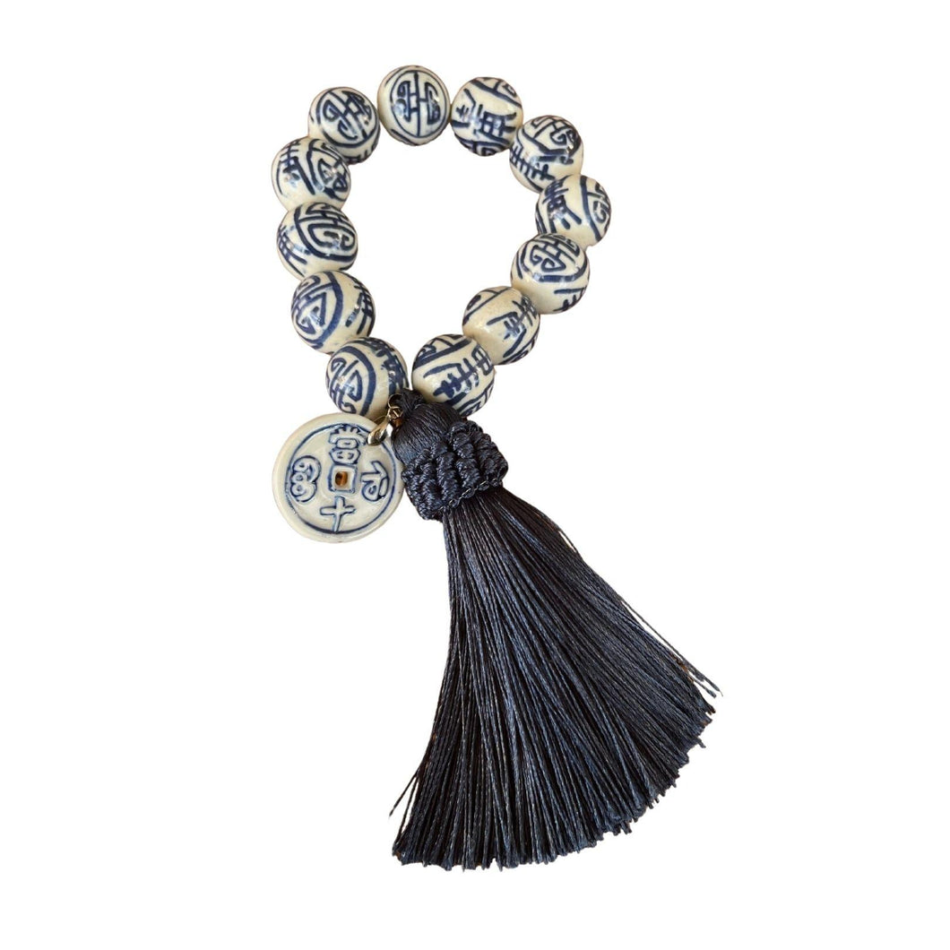 Chinoiserie Double Happiness Blue & White Bracelet, Navy Tassel & Charm