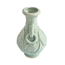 Vintage Celadon Porcelain Vase, Peony Vine Motif