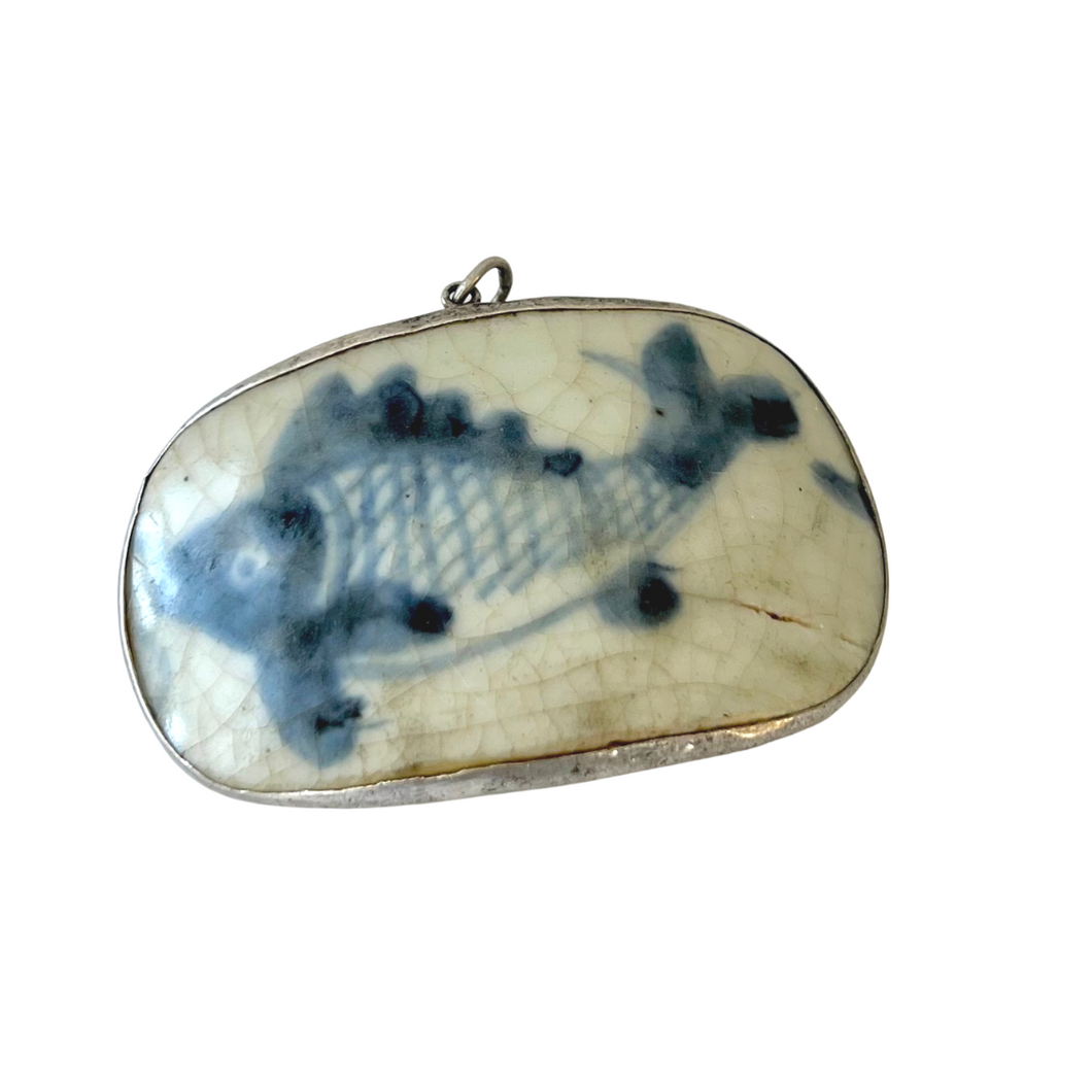 Antique Silver Plated Chinoiserie Shard Charm, Fish Motif