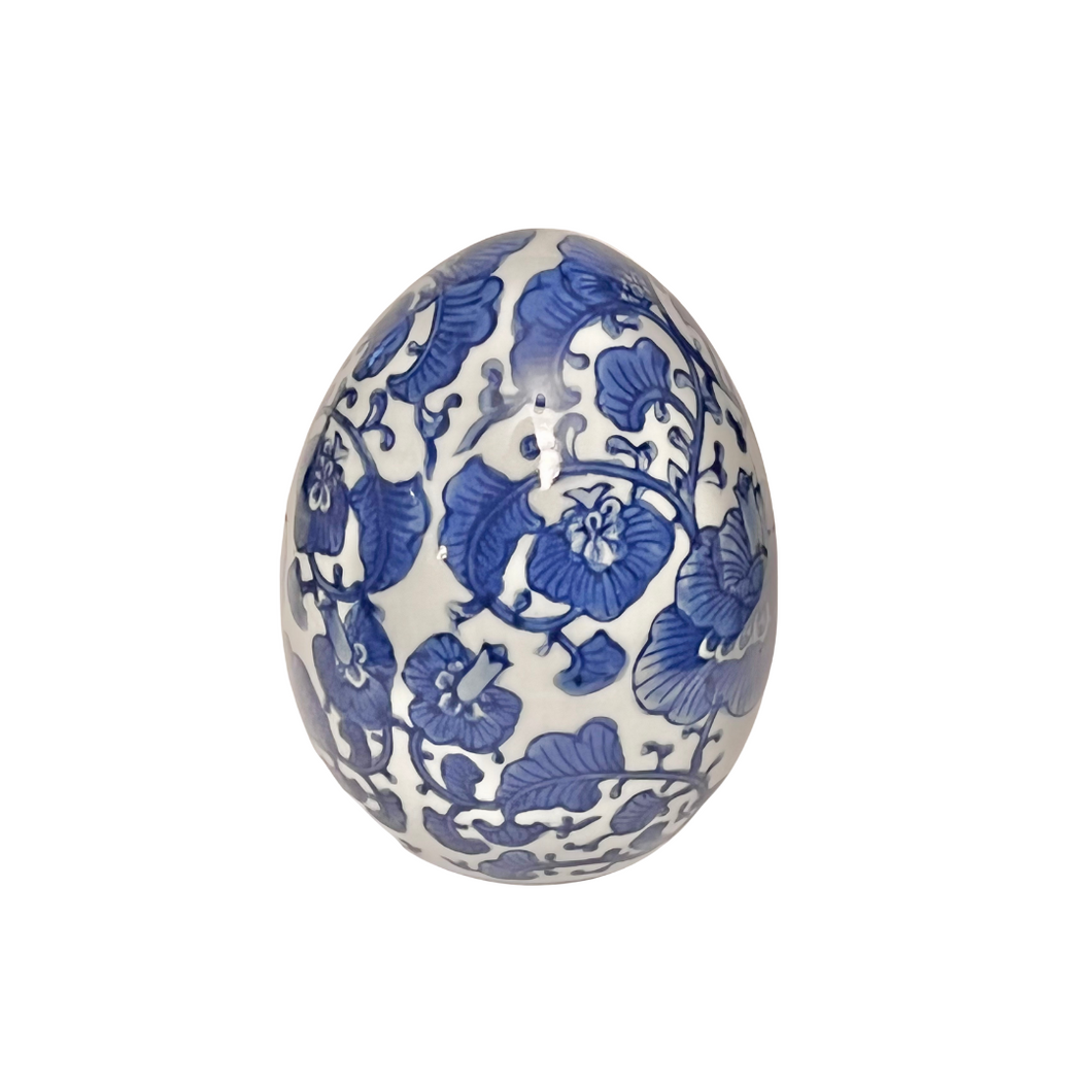 Blue and White Chinoiserie Lotus Flower Porcelain Easter Egg